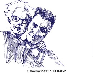 The hand drawn pen sketch of a couple standing together, Portrait.