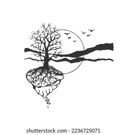 Hand drawn pen sketch floating land with dead tree and full moon and silhouette of flying birds drawing concept. Fantasy sketching art vector illustration.