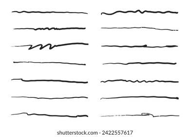 Hand drawn pen underline vector set. Marker line stroke, brush sketch scribble. Handwritten doodle style. Text emphasis, headline. Freehand underlines illustration