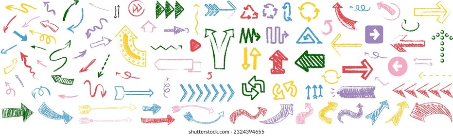 hand drawn pencil arrows. Doodle curved chalk darts. Vector set of different dirrection black arrows. Vector illustration