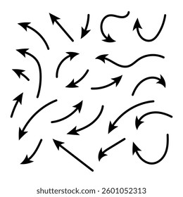 Hand drawn pencil arrows. Doodle curved chalk darts. Texture design elements of scribble lines. Vector illustration of hand painted crayon check lines in eps 10.