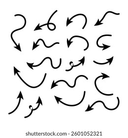 Hand drawn pencil arrows. Doodle curved chalk darts. Texture design elements of scribble lines. Vector illustration of hand painted crayon check lines in eps 10.