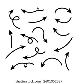 Hand drawn pencil arrows. Doodle curved chalk darts. Texture design elements of scribble lines. Vector illustration of hand painted crayon check lines in eps 10.