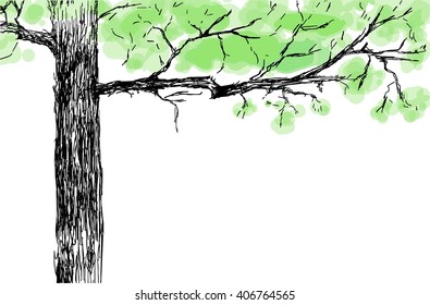 Hand drawn pencil background with a tree. Isolated vector illustration. Drawing sketch.