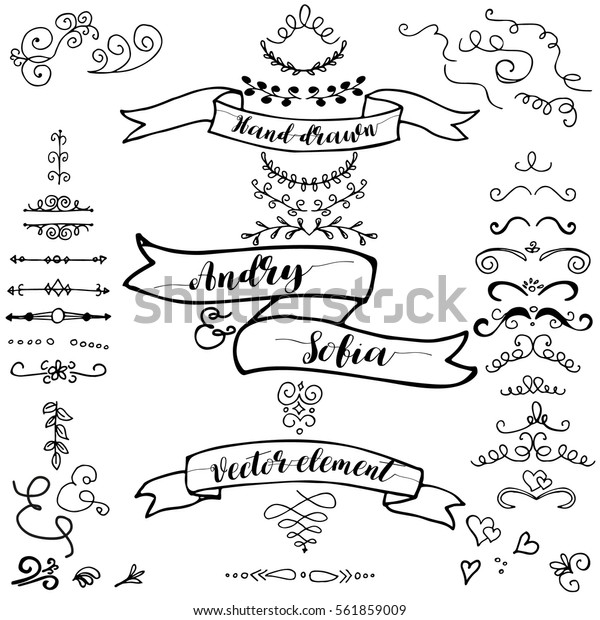 Hand drawn pencil and brush borders. Sketch design\
concept. Set border isolated on the white background. Wedding\
concept. Doodle style.
