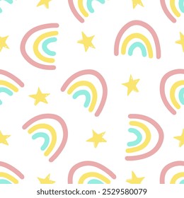 Hand drawn pencil color brush rainbow and star seamless pattern. Festive concept. Hand drawn sketch.	