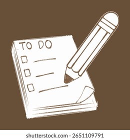Hand drawn pencil and to do list icons in sketch style on brown background. Minimalist note element for planner or education design