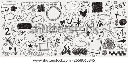 Hand drawn pencil doodles and scribbles, rough sketch swirls, messy frames and arrows. Black pen grunge lines, stars and squiggles, cute childish sketches, abstract marker doodle drawings vector set
