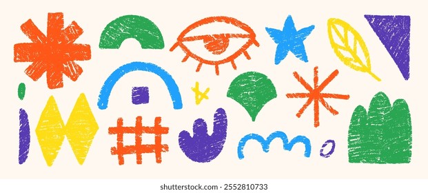 Hand drawn pencil doodles, squiggles, eye, corner and star. Abstract funky shapes and arrow with crayon or chalk texture. Multicolor Childish vector illustration.