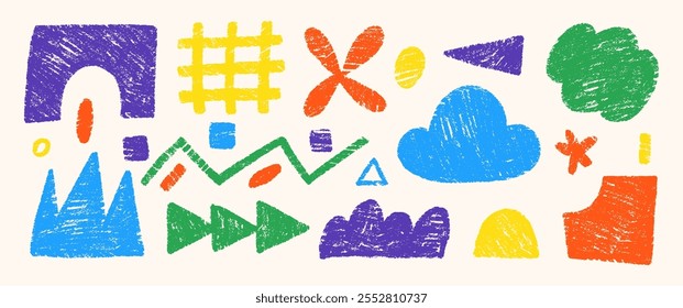 Hand drawn pencil doodles, squiggles and scribbles. Abstract funky shapes with crayon or chalk texture. Multicolor childish vector illustration.