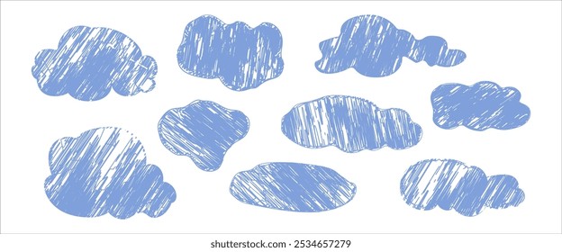 Desenho a lápis desenhado à mão de nuvens na cor pastel. Crianças esboçam desenho a giz. Imagem grunge do céu. Para o material de educação infantil da arte do modelo do projeto.
