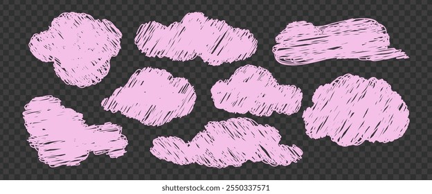 Hand drawn pencil drawing of clouds in pastel color. Kids sketch chalk drawing. Grunge image of the heaven. For design template art children education material.