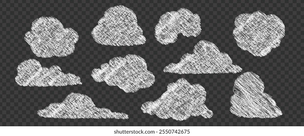 Hand drawn pencil drawing of clouds in pastel color. Kids sketch chalk drawing. Grunge image of the heaven. For design template art children education material.