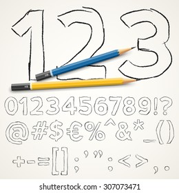 Hand drawn pencil  font: caps  numbers and special symbols on paper background, vector illustration