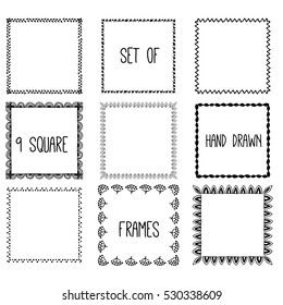 Hand drawn pencil frame. Sketch doodle design concept. Set of square frames isolated on the white background. Vector illustration.