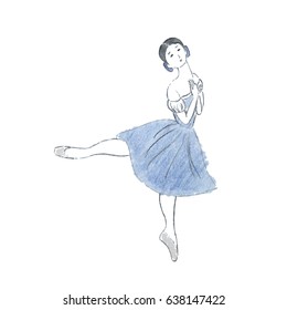 Hand drawn pencil illustration of a beautiful ballerina dancing Giselle. Vector, isolated on white background.