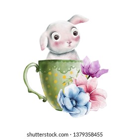 Hand drawn pencil illustration of cute cartoon bunny in cup with anemones