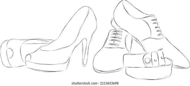 Hand drawn pencil illustration of women's and men's wedding shoes	