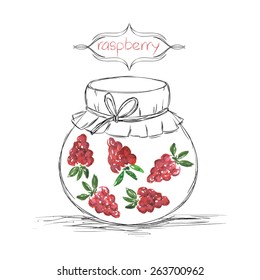 Hand drawn pencil jars tied ribbon with home-made jams of watercolor raspberry on white paper and inscription raspberry in the curly frame Vector illustration eps 10