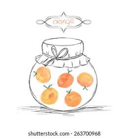 Hand drawn pencil jars tied ribbon with home-made jams of watercolor oranges on white paper and inscription oranges in the curly frame Vector illustration eps 10