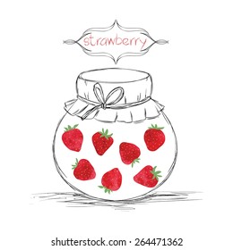 Hand drawn pencil jars tied ribbon with home-made jams of watercolor strawberry on white paper and inscription strawberry in the curly frame Vector illustration eps 10