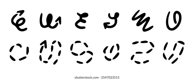 Dibujado a mano línea de lápiz, zigzag, flecha, onda. Vector de manchas de carbón, flechas de puntos. Conjunto de lápiz subrayado. Doodle estilo líneas de boceto. Trazos ondulados del marcador con los bordes ásperos en el fondo blanco