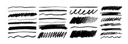 Hand Drawn Pencil Lines And Squiggles Set. Vector Charcoal Smears, Striketrhoughs And Swirls. Doodle Style Sketchy Lines. Horizontal Wavy Strokes Collection. Scratchy Strokes With Rough Edges.