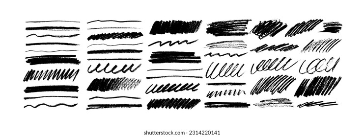 Hand drawn pencil lines and squiggles set. Vector charcoal smears, striketrhoughs and swirls. Doodle style sketchy lines. Horizontal wavy strokes collection. Scratchy strokes with rough edges.