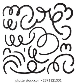 Hand drawn pencil lines and squiggles set. Vector charcoal smears, striketrhoughs and swirls. Doodle style sketchy lines. Horizontal wavy strokes collection. Scratchy strokes with rough edges.