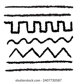 Líneas de lápiz dibujadas a mano y juego de pulseras. Márgenes de carbón vegetal vectores, huelgas y remolinos. Líneas esquemáticas de estilo Doodle. 