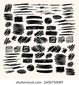 Hand drawn pencil lines and squiggles set. Vector charcoal smears, striketrhoughs and swirls. Doodle style sketchy lines