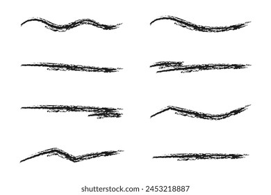 Líneas dibujadas a mano. Vector de frotis de carbón. Conjunto de lápiz de subrayado. Líneas de dibujo estilo Doodle. Trazos ondulados Horizontales con bordes ásperos.
