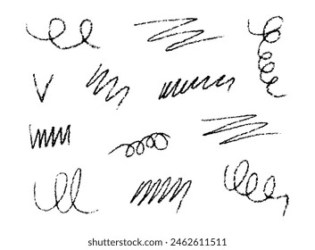 Líneas dibujadas a mano. Vector de frotis de carbón. Conjunto de lápiz de subrayado. Líneas de dibujo estilo Doodle. Trazos ondulados Horizontales con bordes ásperos.