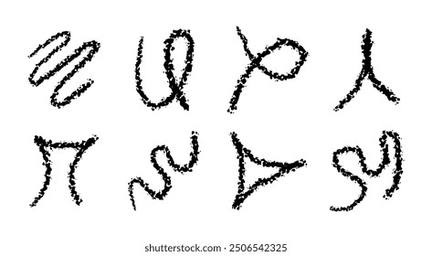 Hand drawn pencil lines, zigzags, waves. Vector charcoal smears. Underline pen set. Doodle style sketch lines. Horizontal wavy strokes with rough edges.