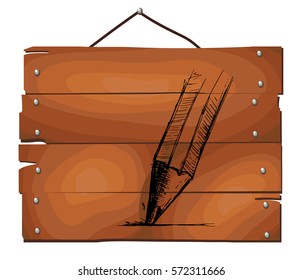 Hand drawn pencil  on wooden plank background. Vector illustration.