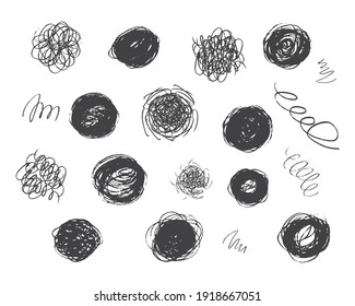 Hand drawn pencil scribbles and hatches. Abstract doodle round frames. Coal edge background. Vector isolated ink textures.