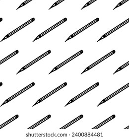 Hand drawn pencil seamless pattern. Doodle outline pattern with pencil. Pencil wrapper, wallpaper for school design, textiles, decoration. School supplies, adult, kids coloring page. Pencil pattern