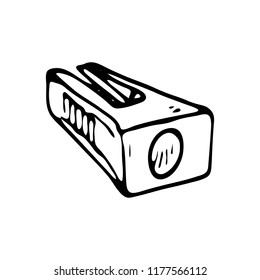 Hand drawn pencil sharpener doodle icon. Hand drawn black sketch. Sign symbol. Decoration element. White background. Isolated. Flat design. Vector illustration.