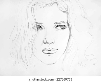 Hand Drawn Pencil Sketch With Face Of A Girl. Female Portrait.