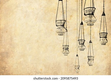 Hand drawn pencil sketch of the hanging oriental vintage oil lanterns with lettering imitation patterns (No text, ornaments only) against old paper background 