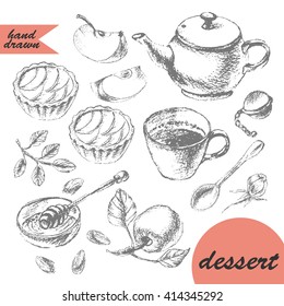 Hand drawn pencil sketch of tea and dessert. Teapot, apple tarts, tea cup, spoon, honey and apple.