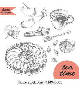 Hand drawn pencil sketch of tea and dessert. Apple tart, tea cup, lemon, fork, cake cut, almond, flowers and apple slice.