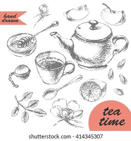 Hand drawn pencil sketch of tea and dessert. Teapot, apple tart, tea cup, lemon, honey and apple.