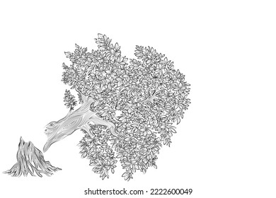 Hand drawn pencil sketch of tree. Oak tree with leaves isolated vintage illustration. Retro style nature illustration with details. Olive tree trunk. Ink sketch drawing. Dry Crooked Tree. Freehand.