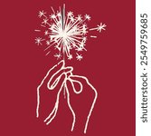 Hand drawn pencil sketch of two hand keeping sparkler. Bengal light sparkles icon isolated on red.