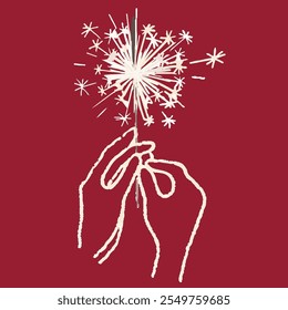 Hand drawn pencil sketch of two hand keeping sparkler. Bengal light sparkles icon isolated on red.