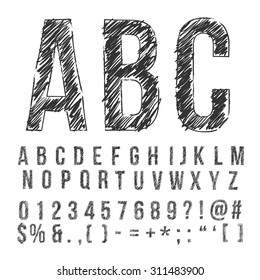 Hand drawn pencil sketched font: letters, numbers and symbols, vector