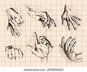 Handgezeichnete Bleistiftskizzen von Handgesten. Schöner Vektorgrafik-Zeichensatz. Gruppe von Symbolen für Web und Print.