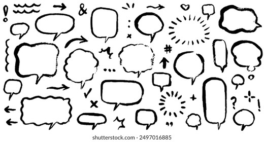 Hand drawn pencil speech bubbles, emphasis, punctuation mark, underline, arrow, highlight text elements set. Black charcoal crayon doodle check mark, explosion balloon, pencil stroke, lines and arrow.