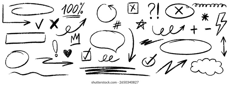 Sublinhado de texto desenhado à mão, oval, setas com giz, marcas de seleção. Fazer doodle de ênfases de traçado de carvão, seta, realce, elementos de balão de fala. Marcador, traçado do pincel da caneta. Ilustração vetorial